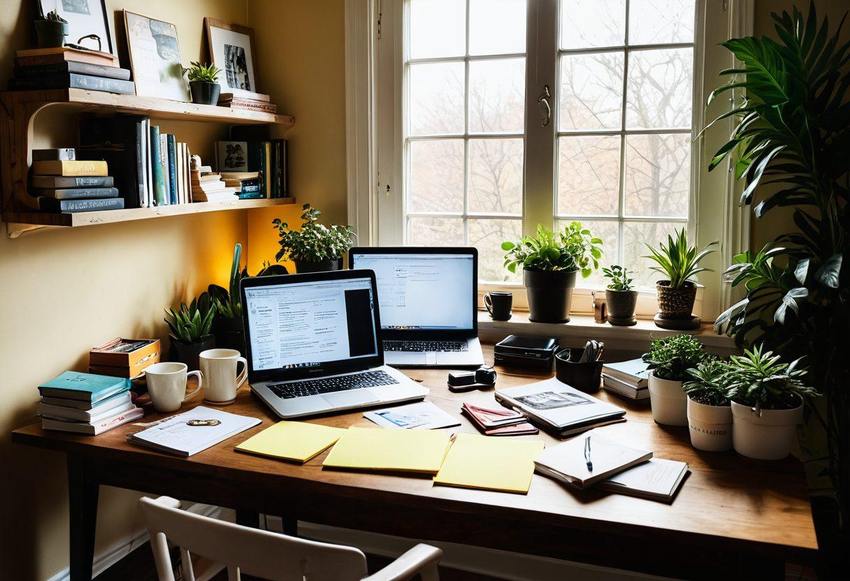 A cozy home office scene featuring a writer at a desk, surrounded by stacks of books and a laptop, with colorful sticky notes on a bulletin board showcasing various blogging topics. Sunlight filters in through a window with plants and coffee on the table, symbolizing creativity and inspiration. Illustrate an inviting atmosphere that encourages vibrant discussions. vibrant colors. cozy style.