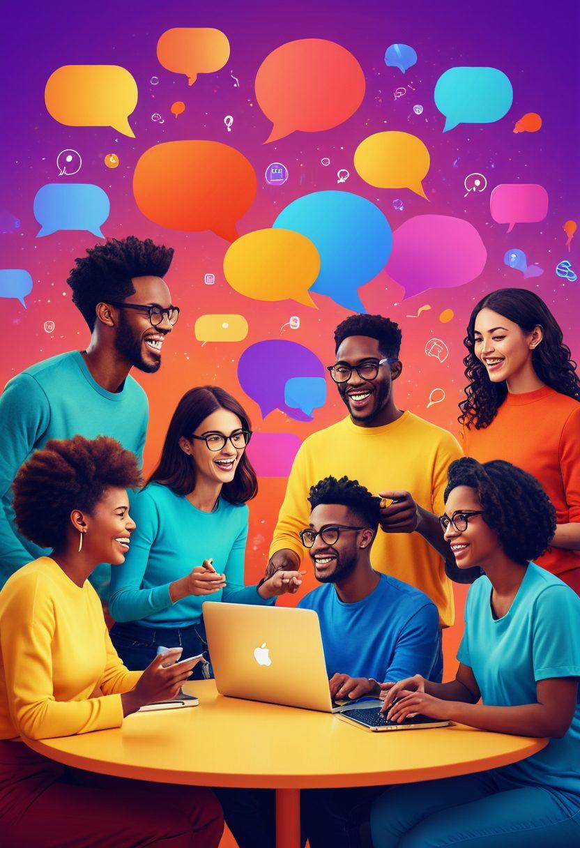 A lively scene depicting a diverse group of adults engaging joyfully in a virtual community space, with colorful chat bubbles and laptops glowing, symbolizing online connection. The background should feature a vibrant digital landscape filled with icons of blogging and social media engagement. Emphasize warmth, inclusivity, and the spirit of shared experiences. bold colors and animated style.